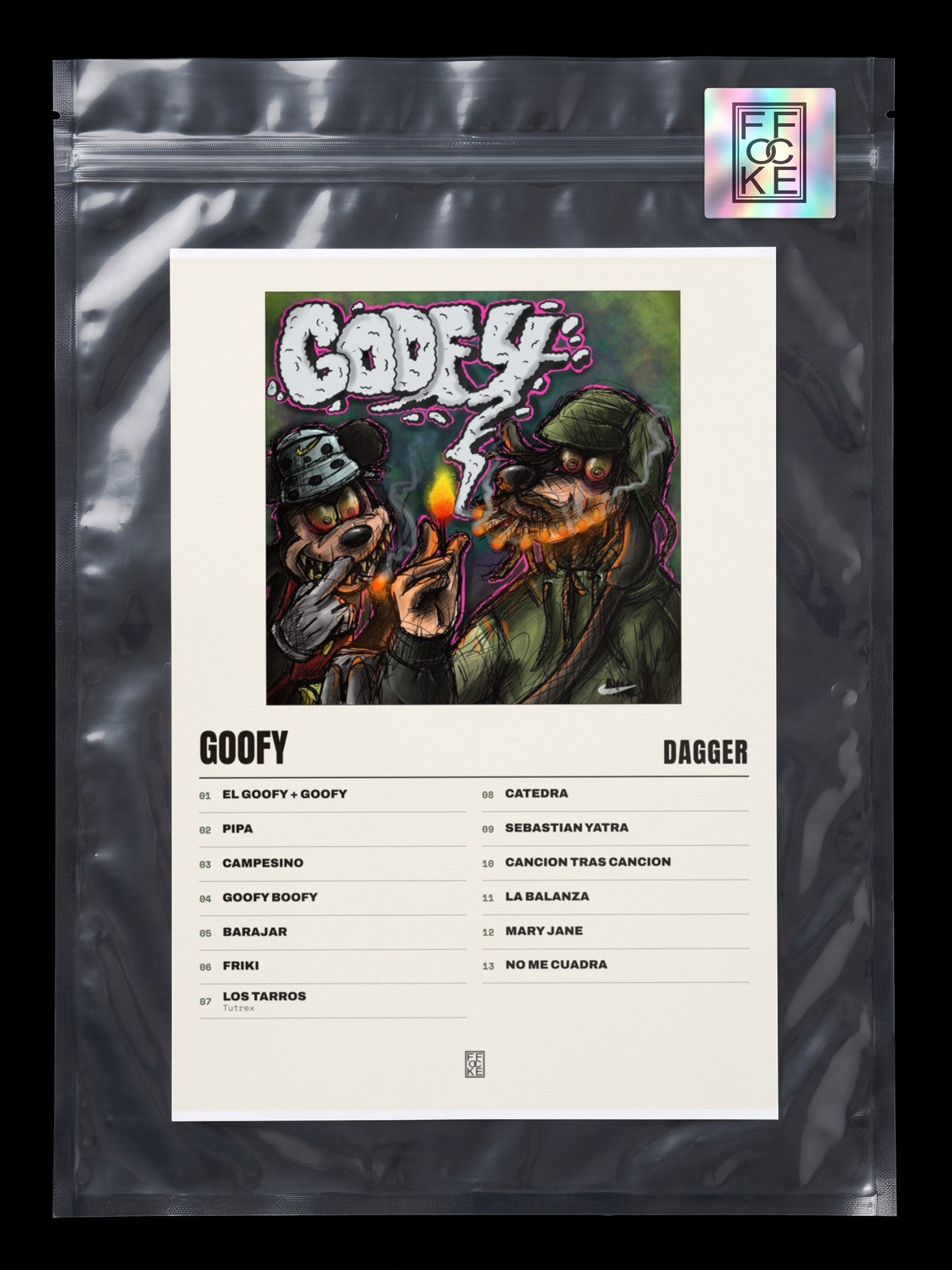 Póster de Goofy de Dagger en una bolsa sellada con sticker FFOCKE