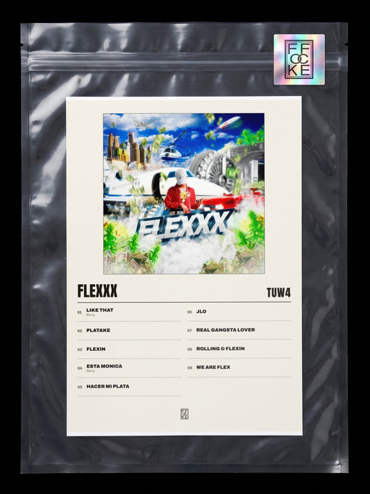 Póster de FLEXXX de tuw4 en una bolsa sellada con sticker FFOCKE
