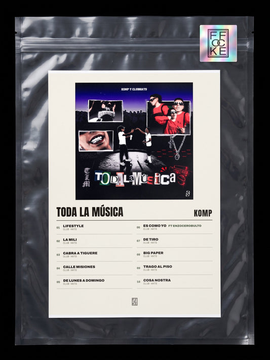 Póster de TODA LA MÚSICA de Komp en una bolsa sellada con sticker FFOCKE