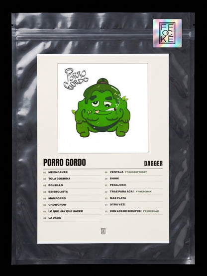 Póster de Porro Gordo de Dagger en una bolsa sellada con sticker FFOCKE