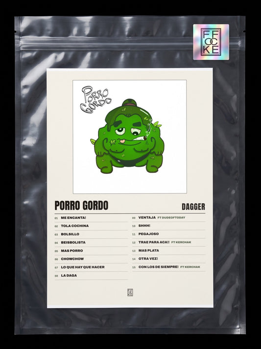 Póster de Porro Gordo de Dagger en una bolsa sellada con sticker FFOCKE