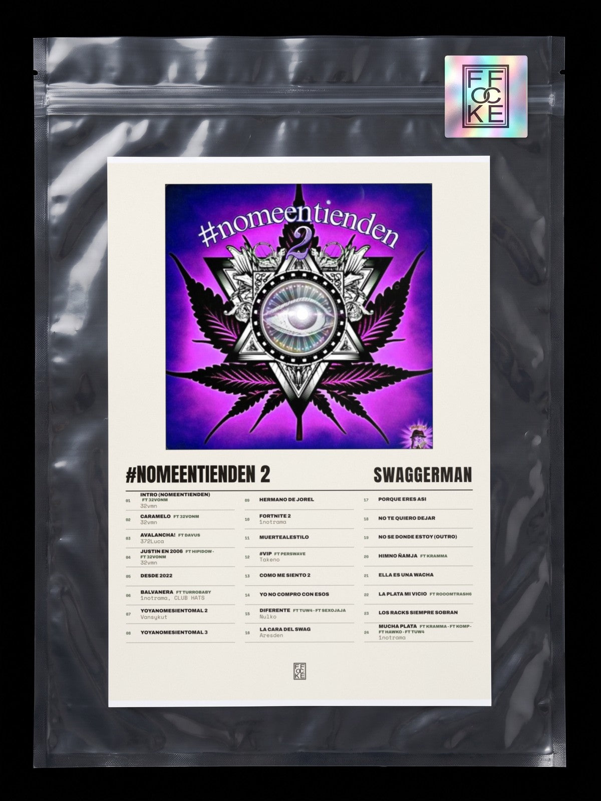 Póster de #nomeentienden 2 de swaggerman en una bolsa sellada con sticker FFOCKE