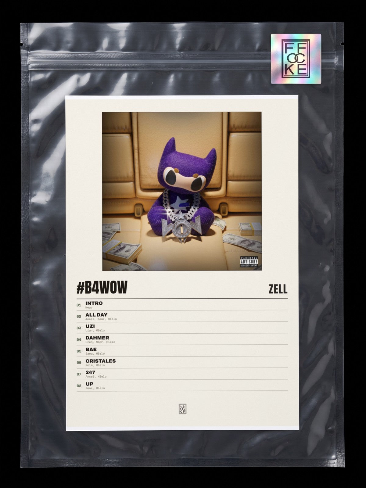 Póster de #B4Wow de Zell en una bolsa sellada con sticker FFOCKE