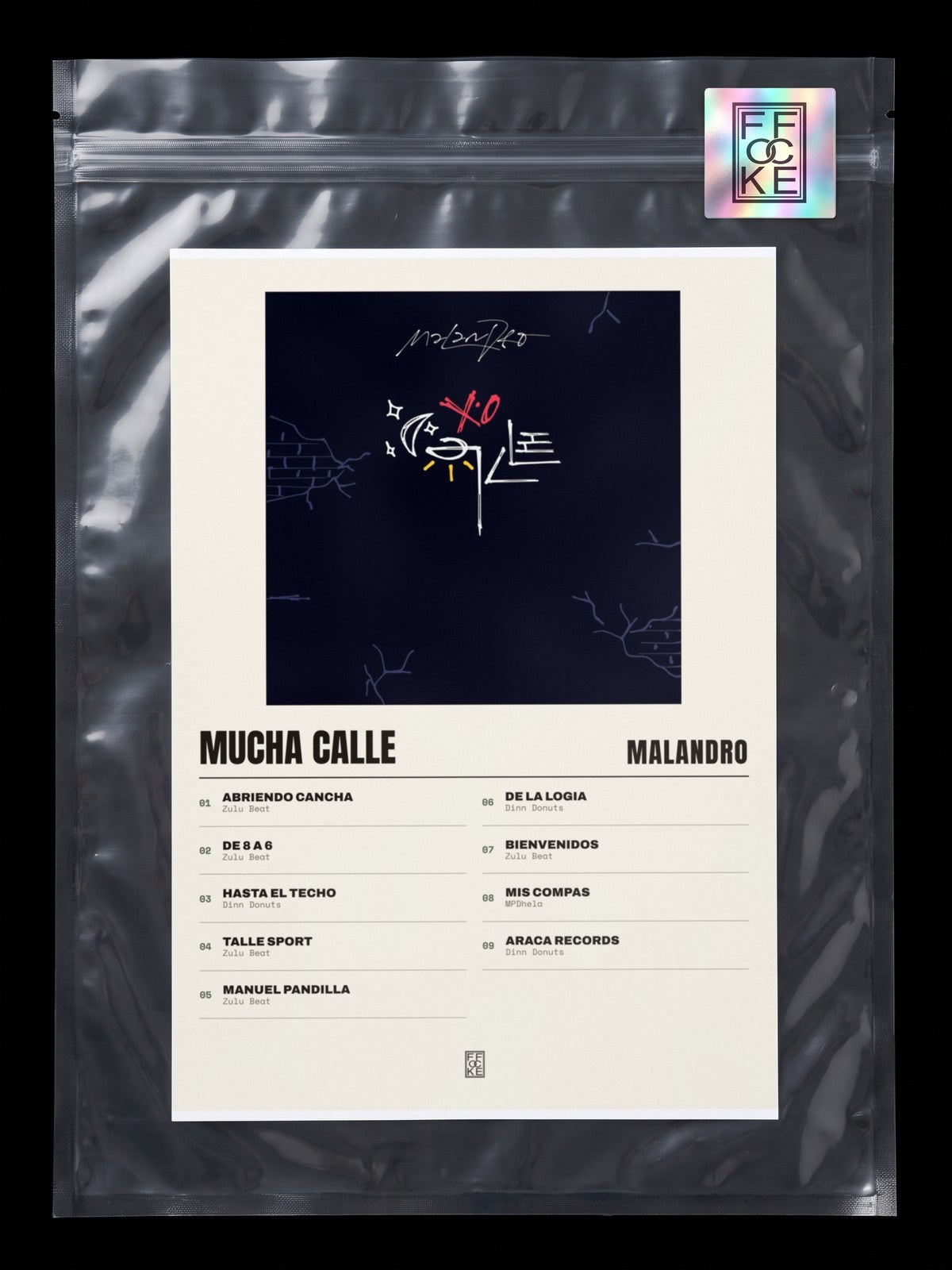 Póster de Mucha Calle de Malandro en una bolsa sellada con sticker FFOCKE