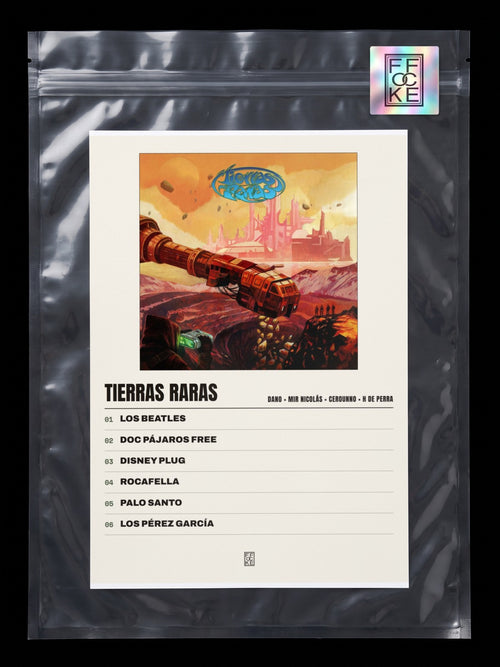 Póster de Tierras Raras de Dano × Mir Nicolás × Cerounno × H de Perra en una bolsa sellada con sticker FFOCKE