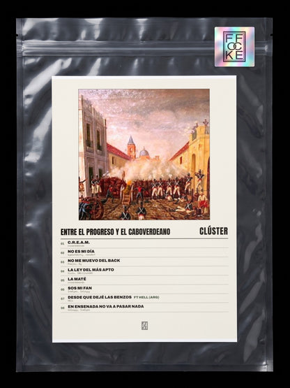 Póster de Entre el Progreso y el Caboverdeano de Clúster en una bolsa sellada con sticker FFOCKE