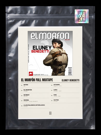Póster de El morfón full mixtape de eluney benedetti en una bolsa sellada con sticker FFOCKE