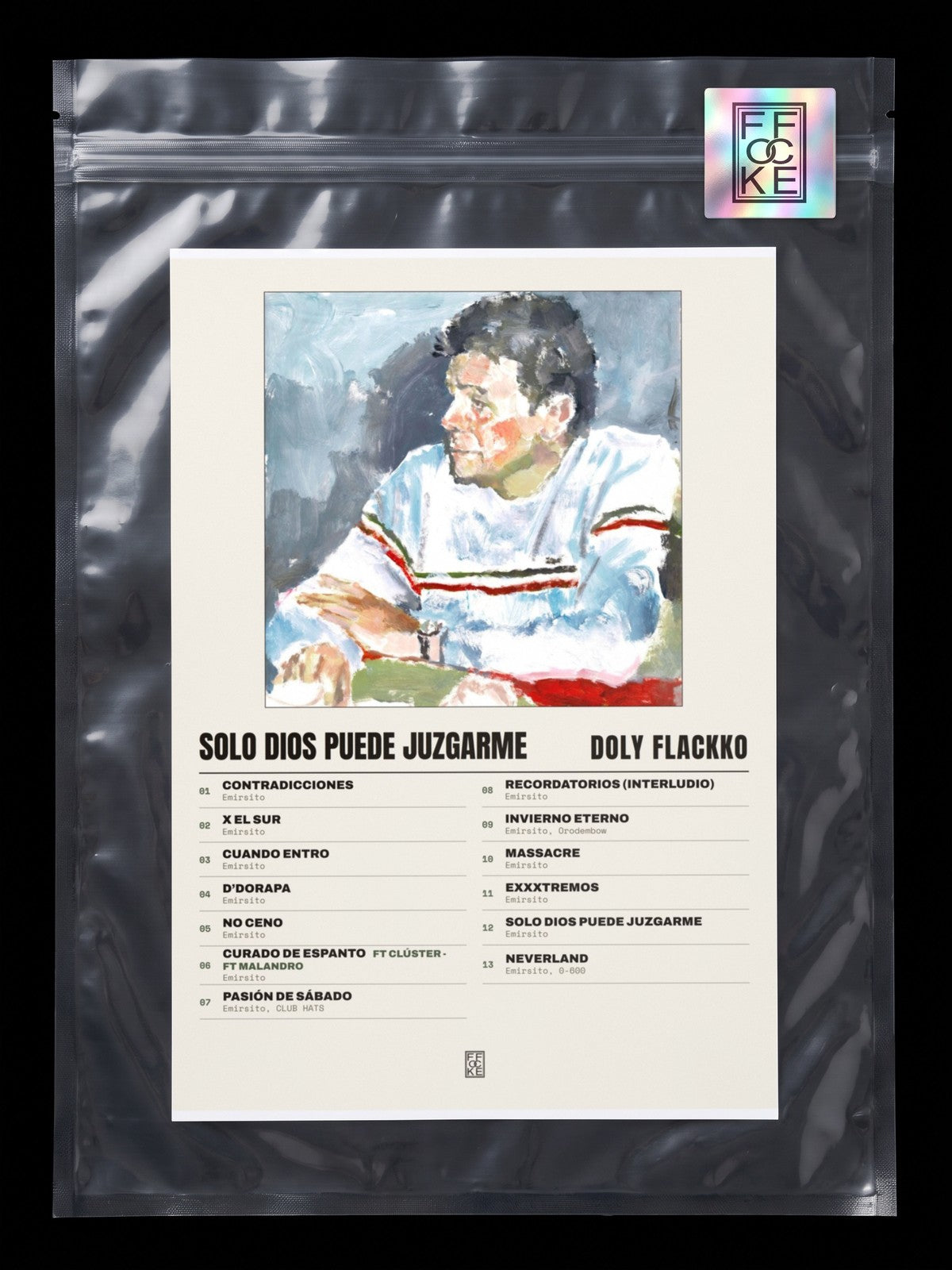 Póster de Solo Dios Puede Juzgarme de Doly Flackko en una bolsa sellada con sticker FFOCKE