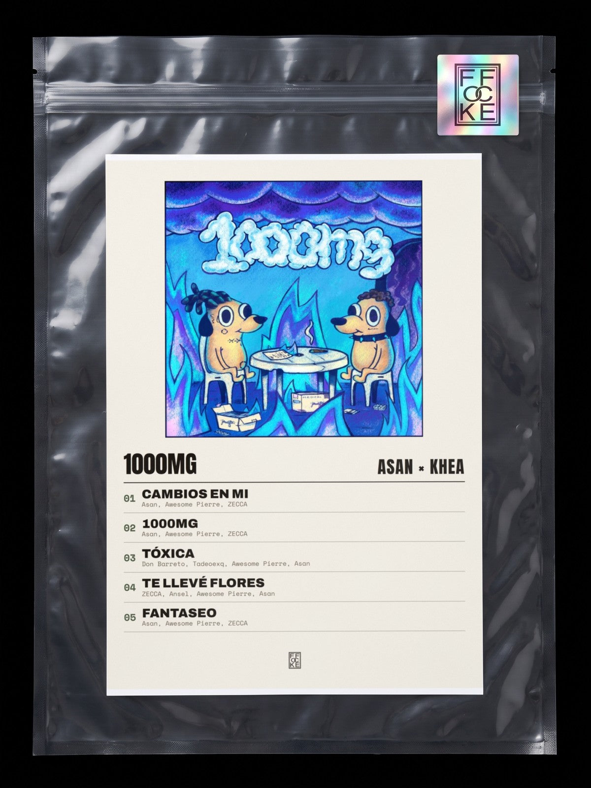 Póster de 1000mg de Asan × KHEA en una bolsa sellada con sticker FFOCKE