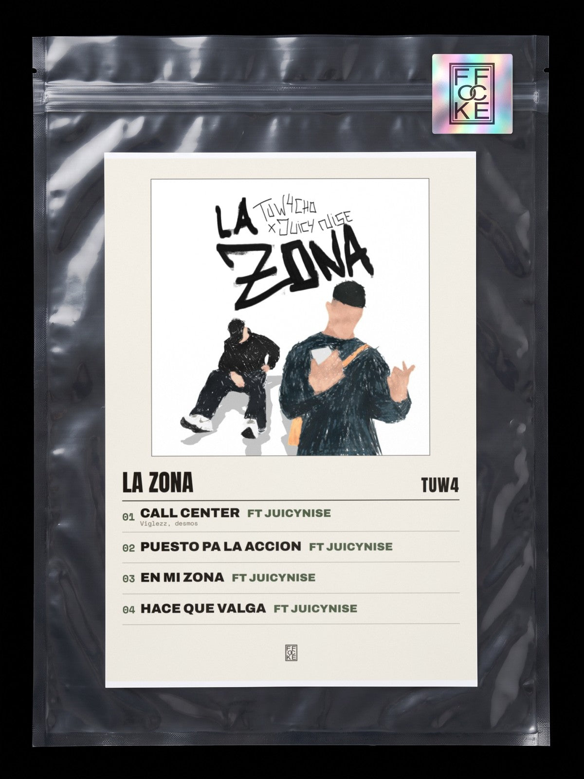 Póster de La zona de tuw4 en una bolsa sellada con sticker FFOCKE
