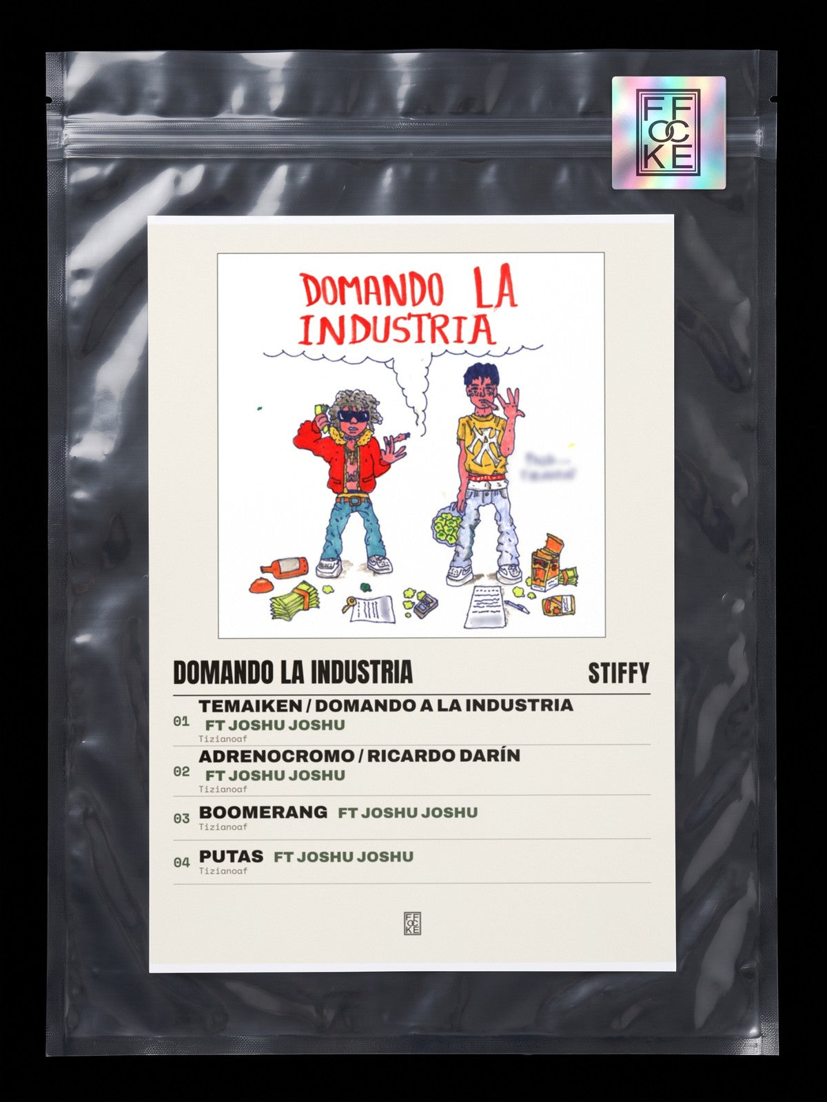 Póster de Domando la Industria de Stiffy en una bolsa sellada con sticker FFOCKE