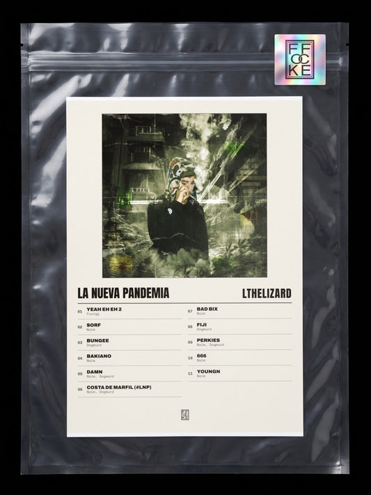 Póster de La Nueva Pandemia de Lthelizard en una bolsa sellada con sticker FFOCKE