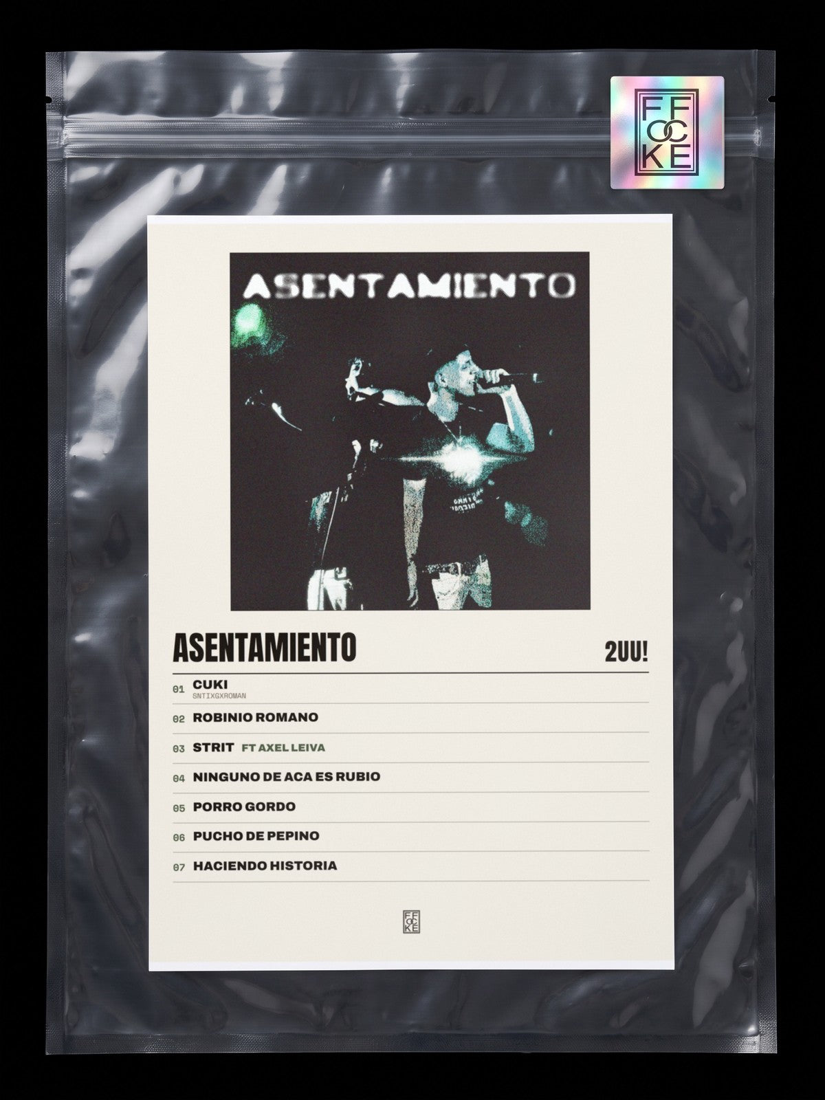 Póster de Asentamiento de 2UU! en una bolsa sellada con sticker FFOCKE