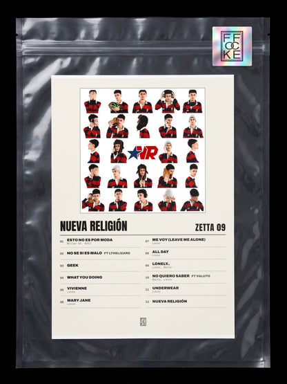 Póster de Nueva Religión de Zetta 09 en una bolsa sellada con sticker FFOCKE