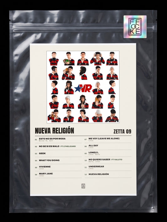 Póster de Nueva Religión de Zetta 09 en una bolsa sellada con sticker FFOCKE