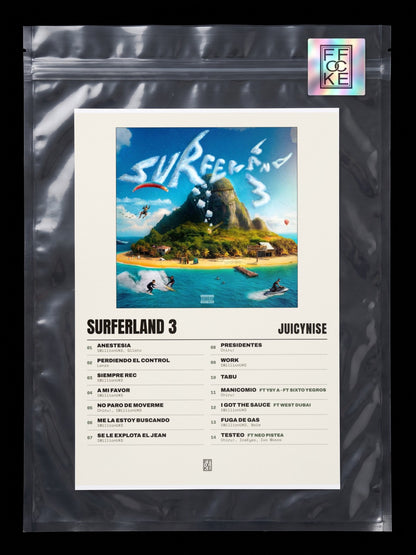 Póster de Surferland 3 de JuicyNise en una bolsa sellada con sticker FFOCKE