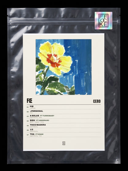 Póster de fœ de cero* en una bolsa sellada con sticker FFOCKE