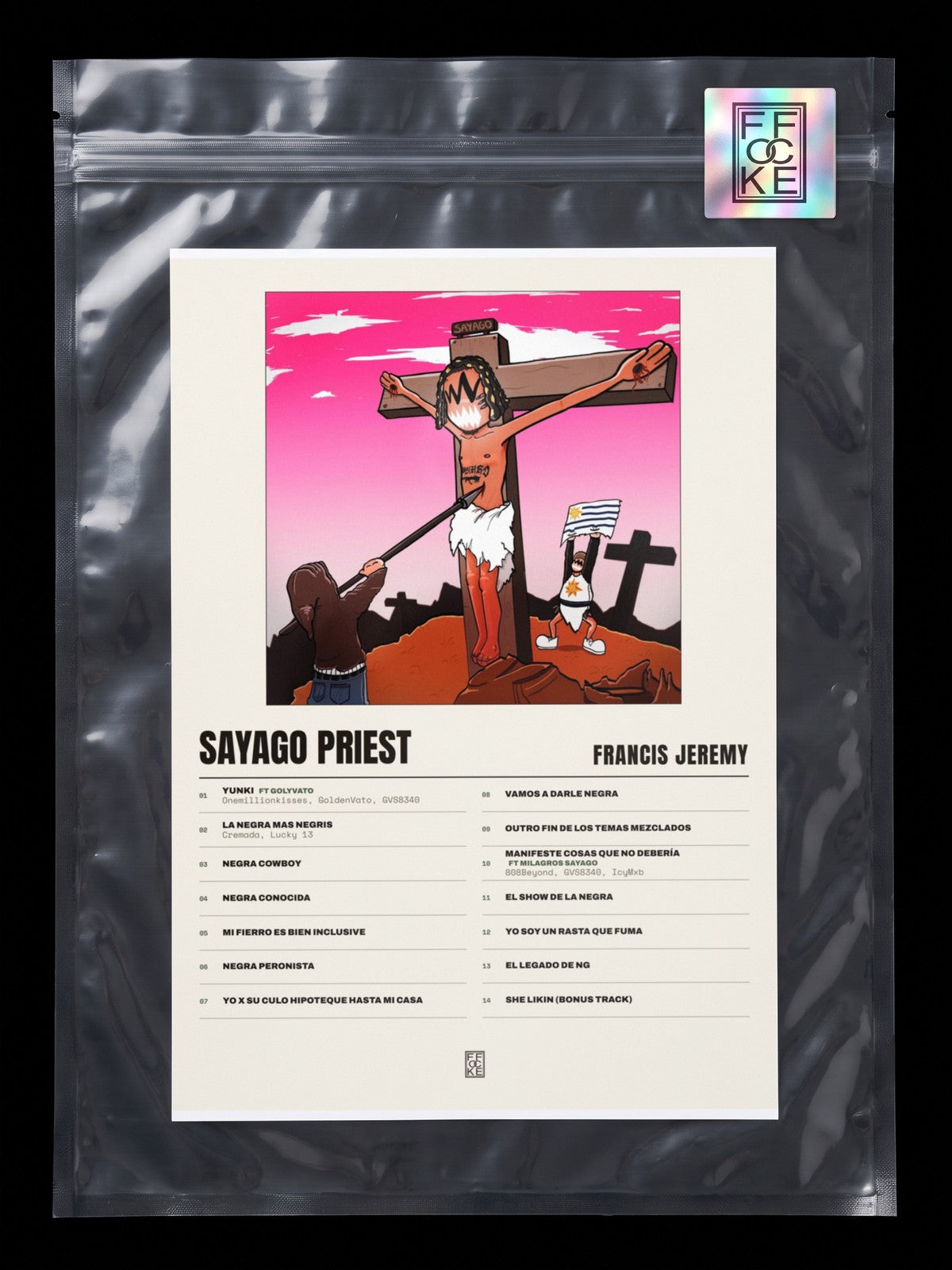 Póster de SAYAGO PRIEST de Francis Jeremy en una bolsa sellada con sticker FFOCKE