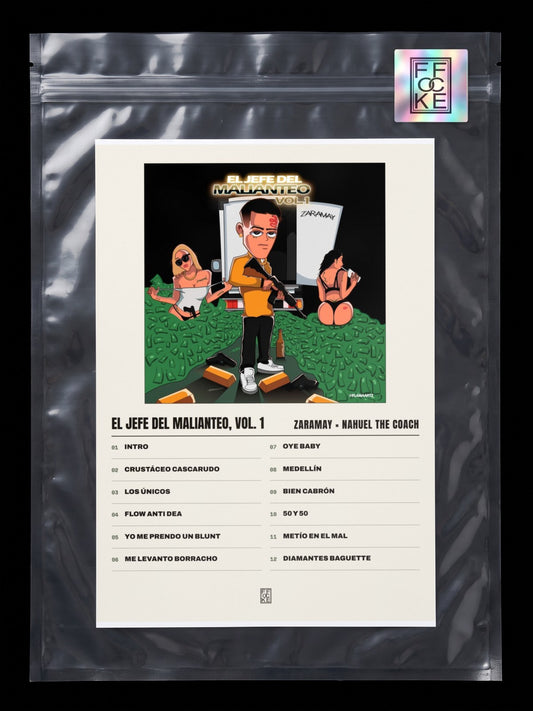 Póster de El Jefe del Malianteo, Vol. 1 de ZARAMAY × Nahuel The Coach en una bolsa sellada con sticker FFOCKE