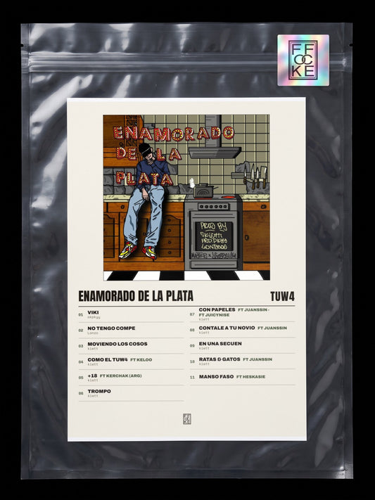 Póster de ENAMORADO DE LA PLATA de tuw4 en una bolsa sellada con sticker FFOCKE