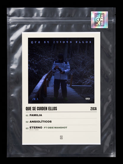 Póster de Que Se Cuiden Ellos de Zica en una bolsa sellada con sticker FFOCKE
