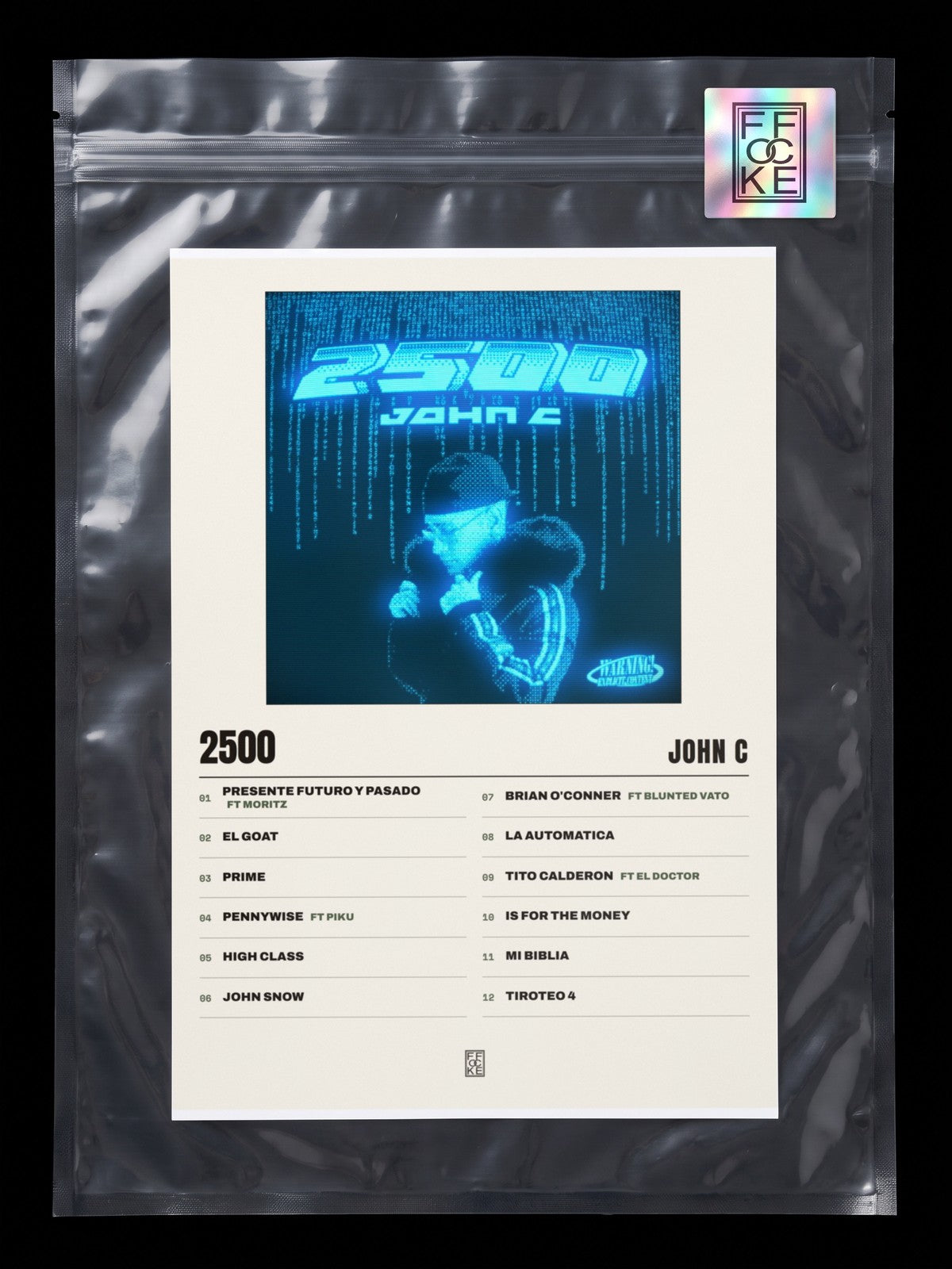 Póster de 2500 de John C en una bolsa sellada con sticker FFOCKE
