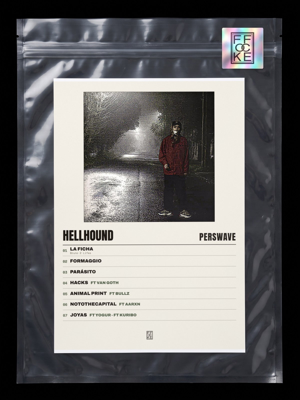 Póster de Hellhound de Perswave en una bolsa sellada con sticker FFOCKE