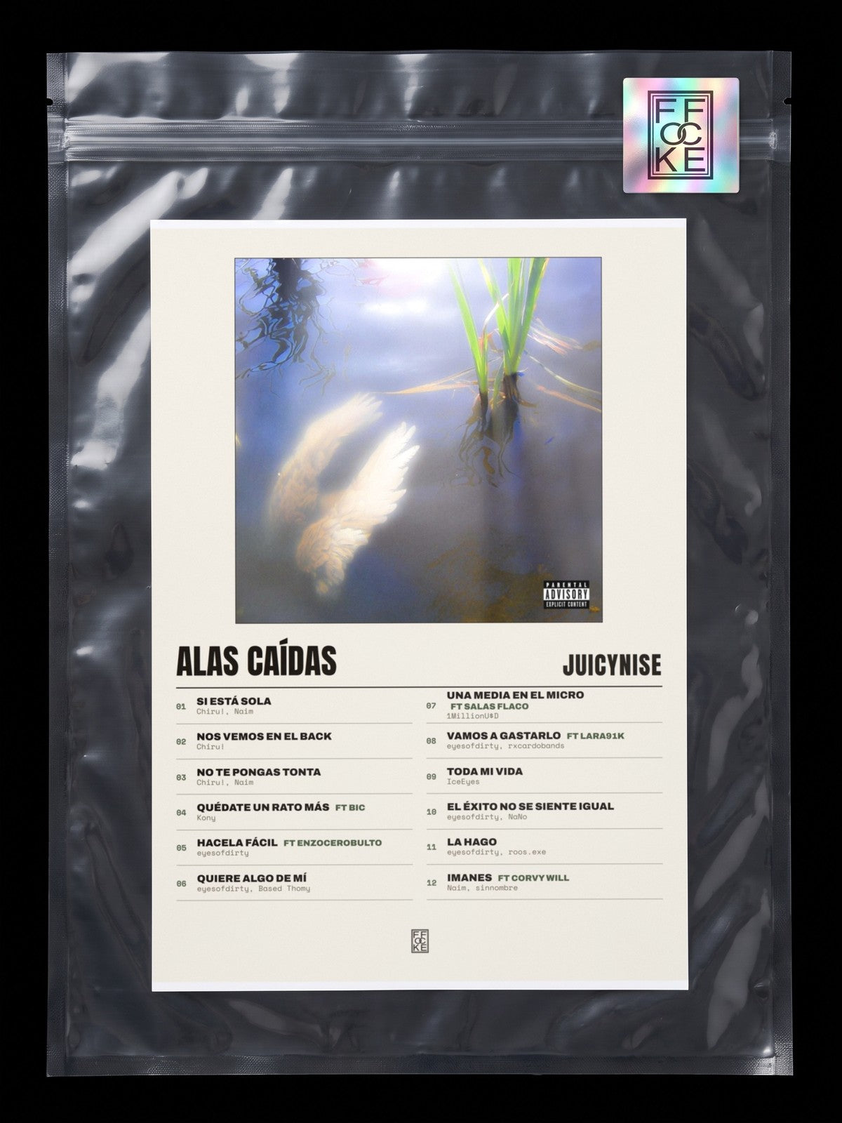 Póster de Alas Caídas de JuicyNise en una bolsa sellada con sticker FFOCKE