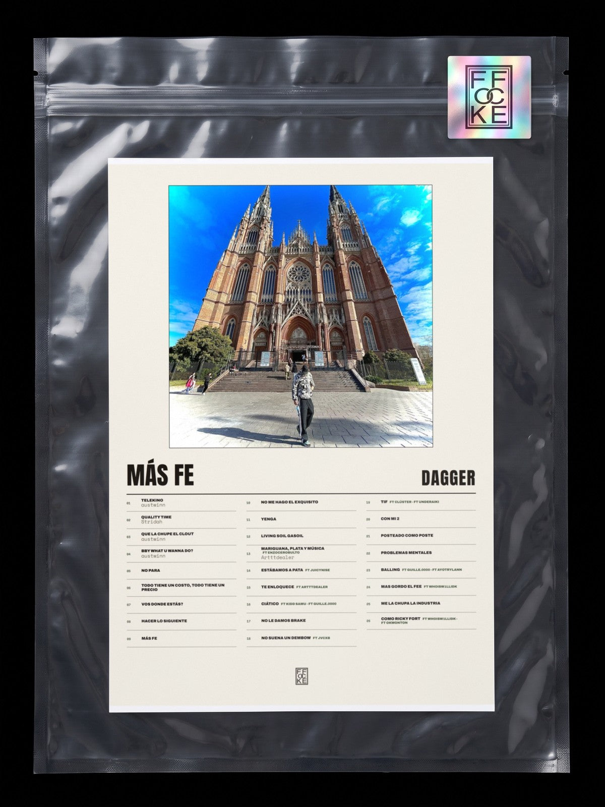 Póster de Más Fe de Dagger en una bolsa sellada con sticker FFOCKE