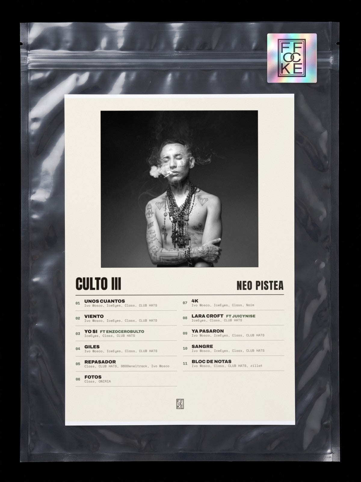 Póster de CULTO III de Neo Pistea en una bolsa sellada con sticker FFOCKE
