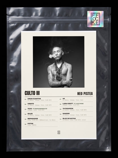 Póster de CULTO III de Neo Pistea en una bolsa sellada con sticker FFOCKE
