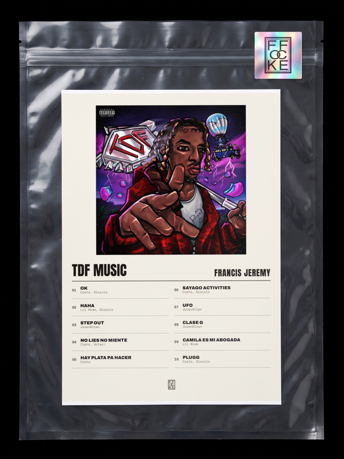 Póster de TDF MUSIC de Francis Jeremy en una bolsa sellada con sticker FFOCKE