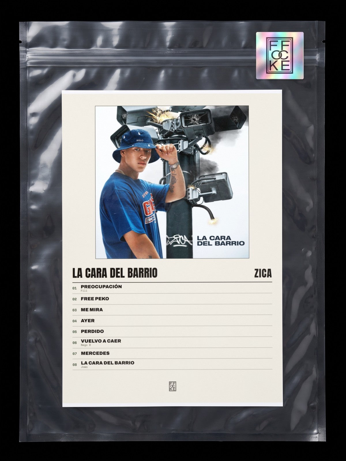 Póster de La Cara Del Barrio de Zica en una bolsa sellada con sticker FFOCKE