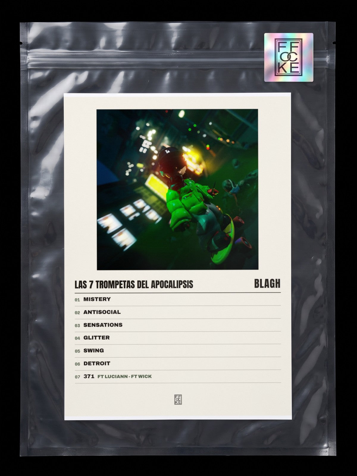 Póster de Las 7 Trompetas del Apocalipsis de Blagh en una bolsa sellada con sticker FFOCKE