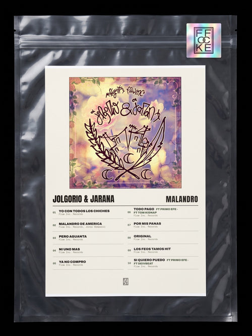Póster de Jolgorio & Jarana de Malandro en una bolsa sellada con sticker FFOCKE