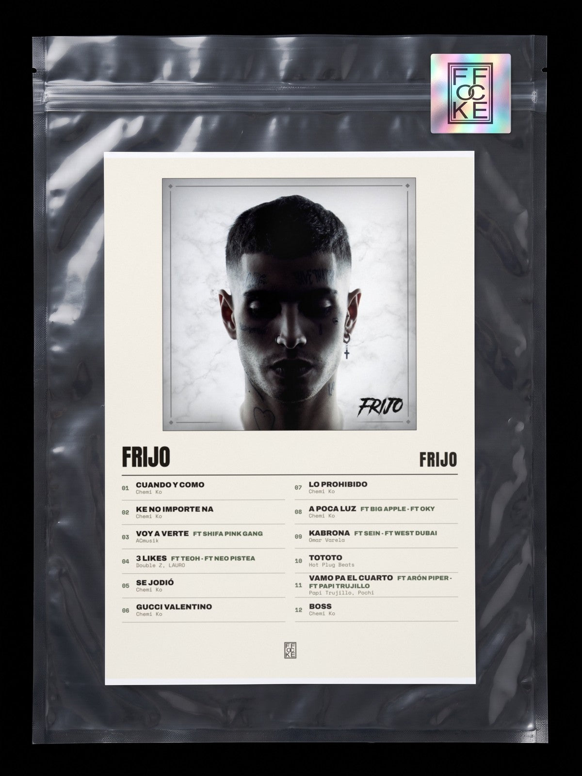 Póster de Frijo de Frijo en una bolsa sellada con sticker FFOCKE