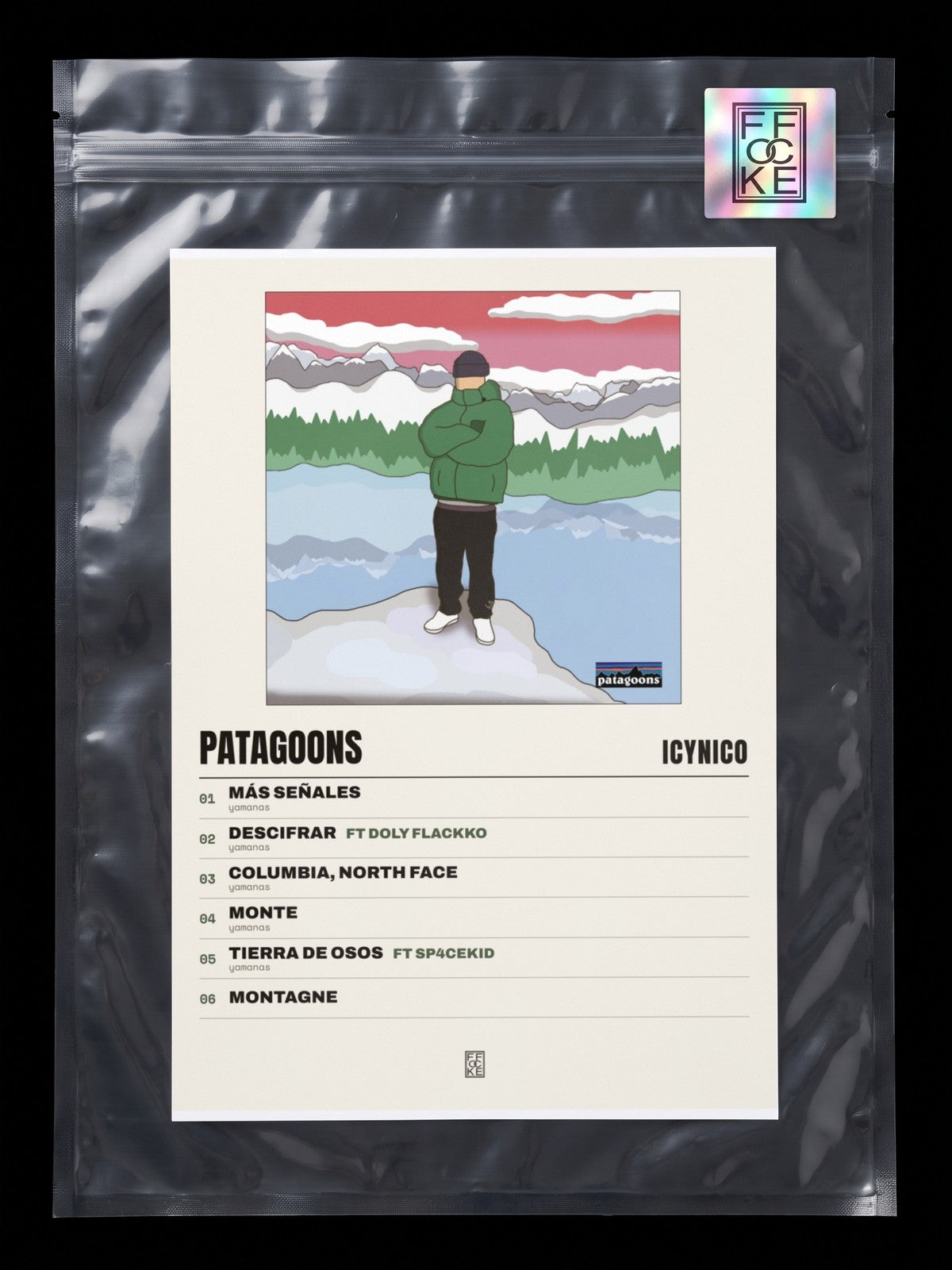 Póster de Patagoons de Icynico en una bolsa sellada con sticker FFOCKE
