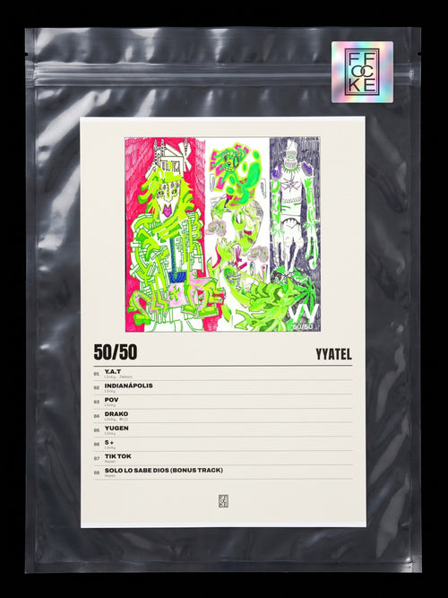 Póster de 50/50 de yyatel en una bolsa sellada con sticker FFOCKE