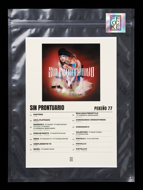 Póster de SIN PRONTUARIO de Pekeño 77 en una bolsa sellada con sticker FFOCKE