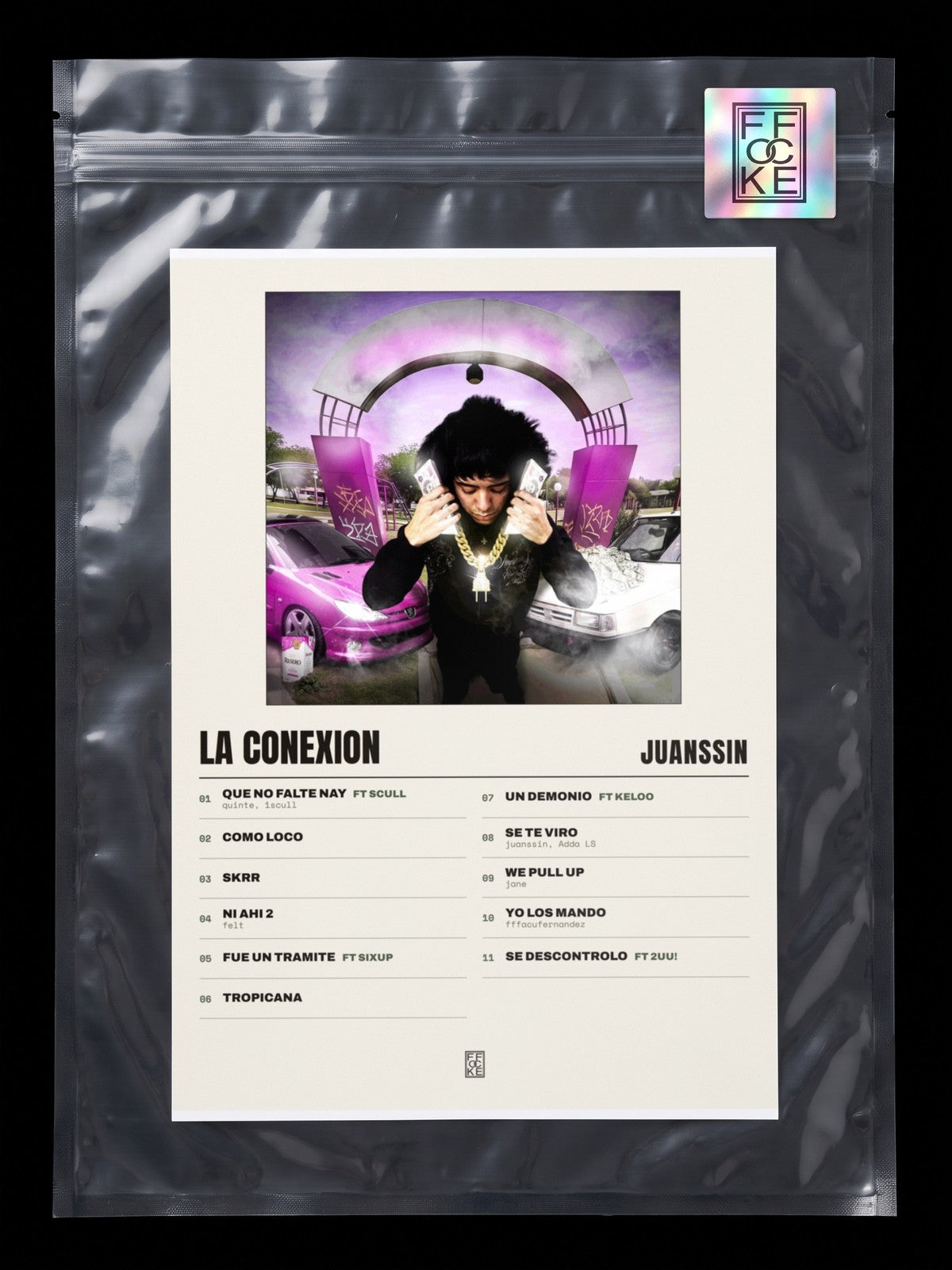 Póster de La Conexion de juanssin en una bolsa sellada con sticker FFOCKE
