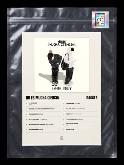 Póster de No Es Mucha Ciencia de Dagger en una bolsa sellada con sticker FFOCKE
