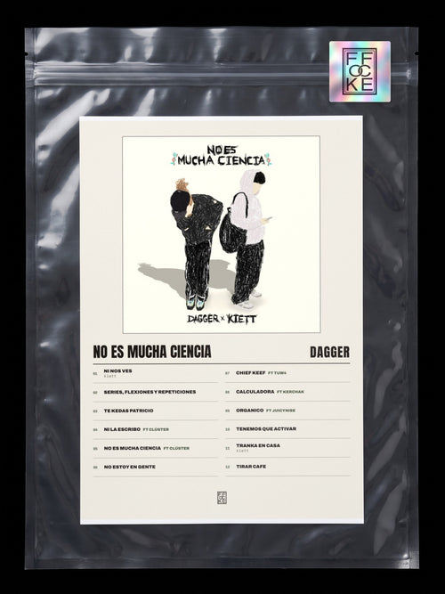 Póster de No Es Mucha Ciencia de Dagger en una bolsa sellada con sticker FFOCKE