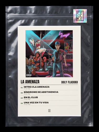 Póster de La Amenaza de Doly Flackko en una bolsa sellada con sticker FFOCKE