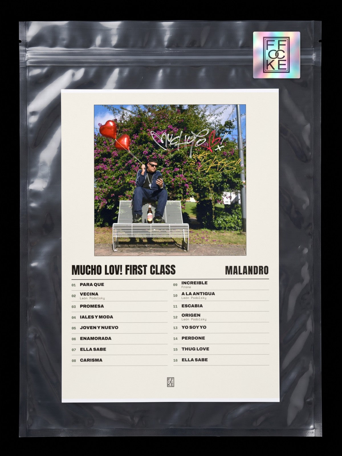 Póster de Mucho Lov! First Class de Malandro en una bolsa sellada con sticker FFOCKE