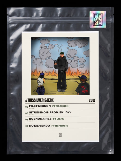 Póster de #Thissilverisjerk de 2UU! en una bolsa sellada con sticker FFOCKE