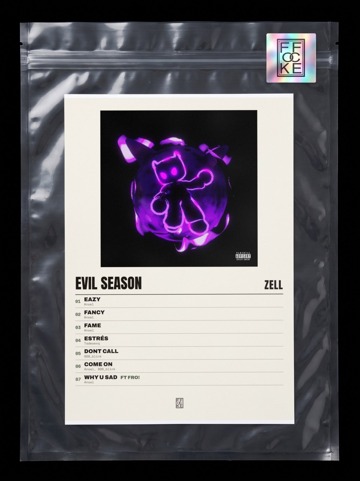 Póster de Evil Season de Zell en una bolsa sellada con sticker FFOCKE