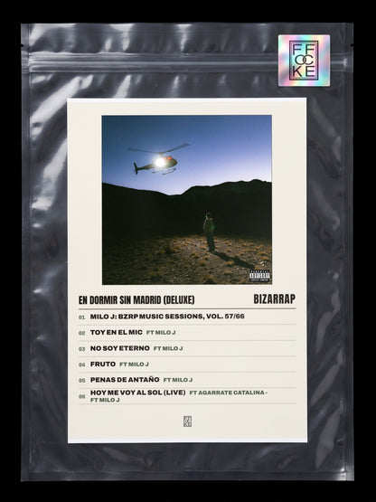 Póster de en dormir sin Madrid (deluxe) de Bizarrap en una bolsa sellada con sticker FFOCKE