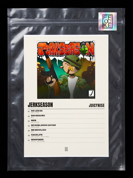 Póster de JerkSeason de JuicyNise en una bolsa sellada con sticker FFOCKE