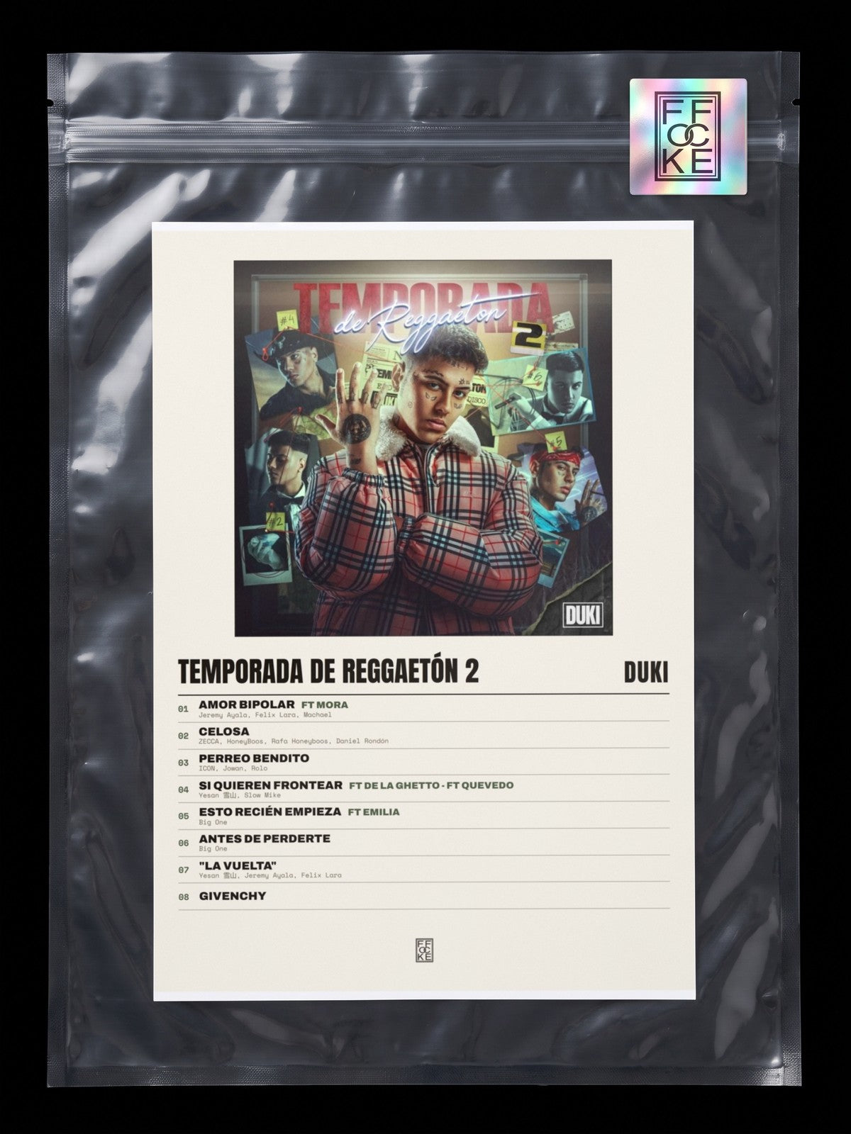 Póster de Temporada de Reggaetón 2 de Duki en una bolsa sellada con sticker FFOCKE