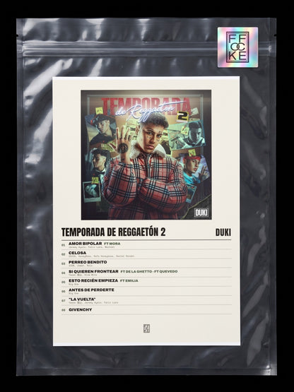 Póster de Temporada de Reggaetón 2 de Duki en una bolsa sellada con sticker FFOCKE